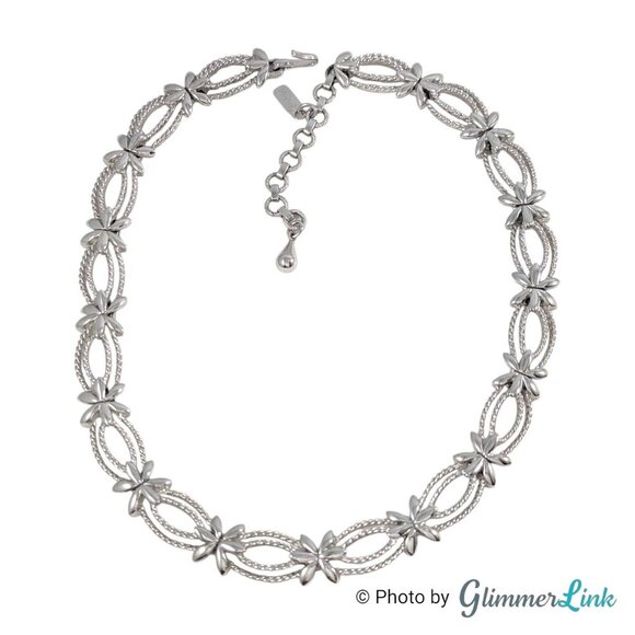 Vintage Monet Floral Oval Textured Link Silver Tone Choker Necklace - Picture 1 of 12